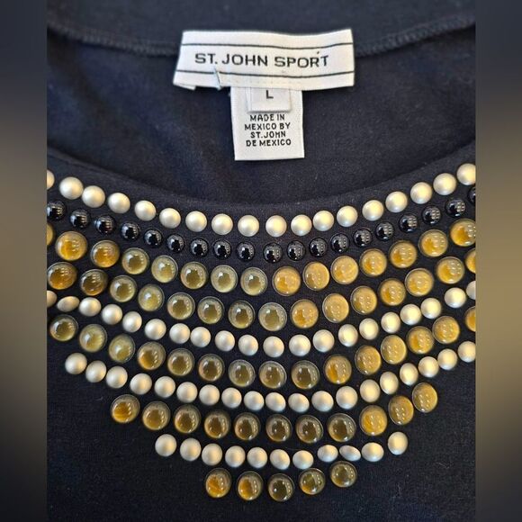 St. John Black Top Cotton Blend Metallic Beaded Gold Black White Size Large top - Picture 2 of 7